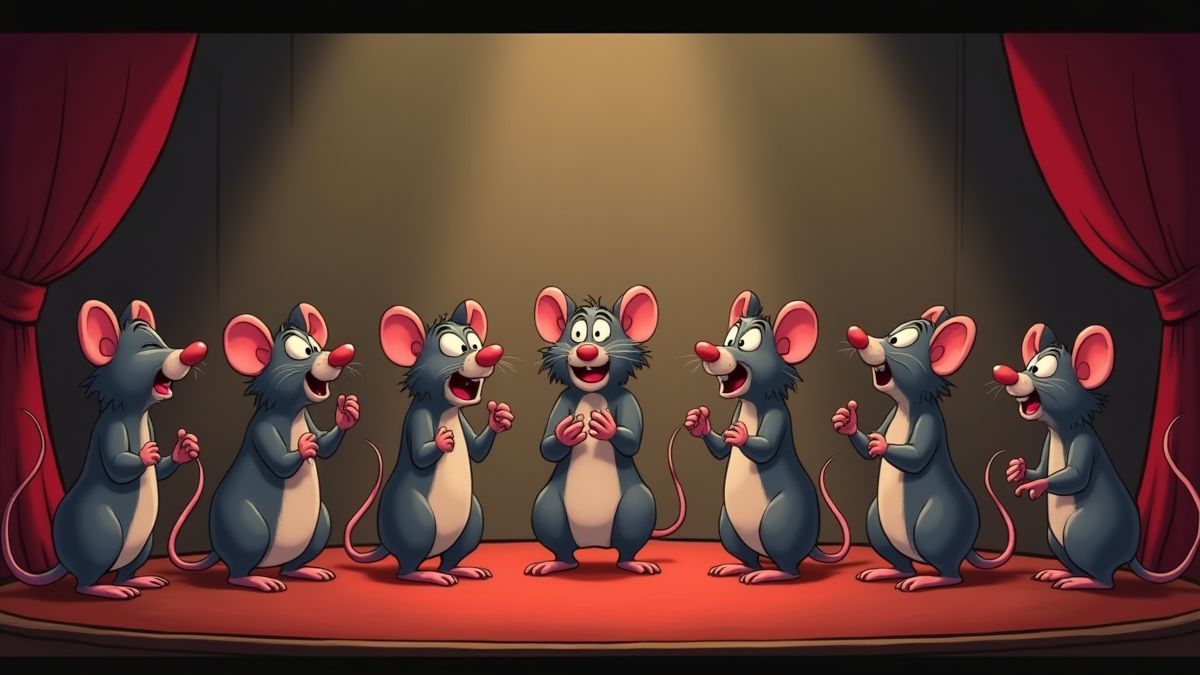 Ratos animados cantando em um palco.