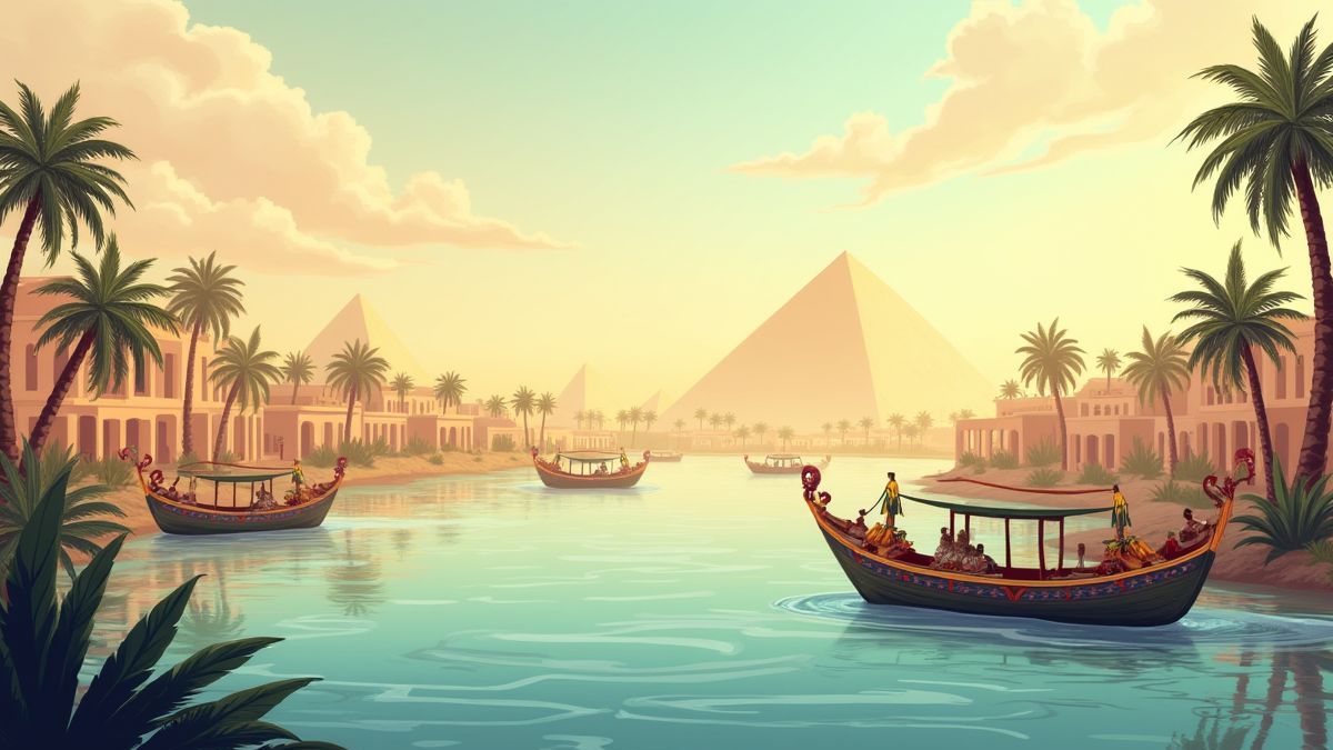 Una ilustración del río Nilo con barcos antiguos egipcios y palmeras.