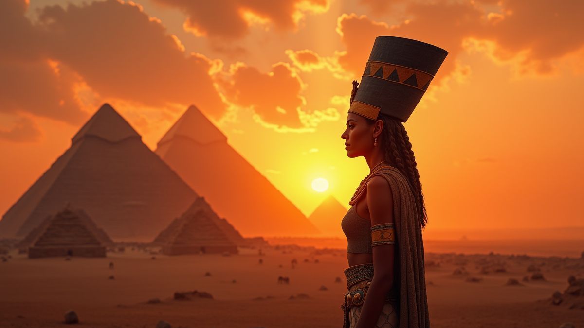 Una representación artística de la reina Nefertiti junto a las pirámides al anochecer.