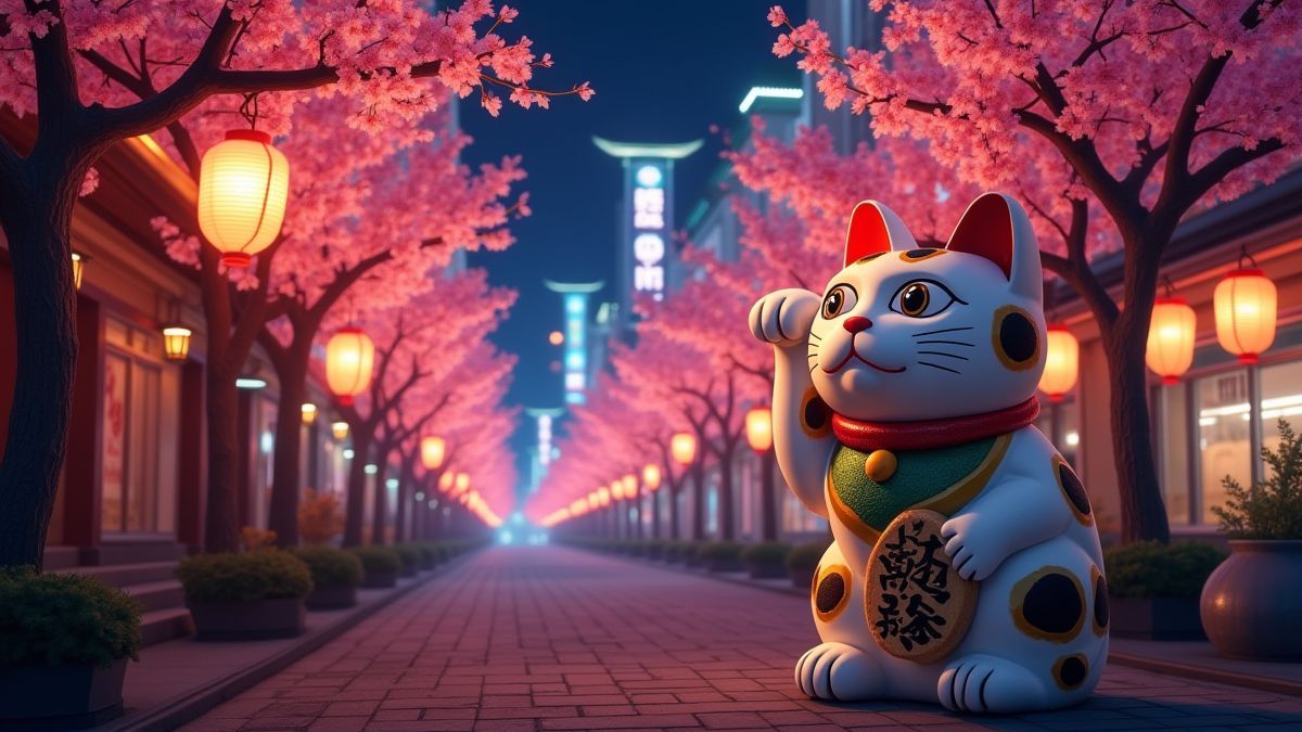 Uma rua japonesa iluminada com luzes de néon e um Maneki Neko.