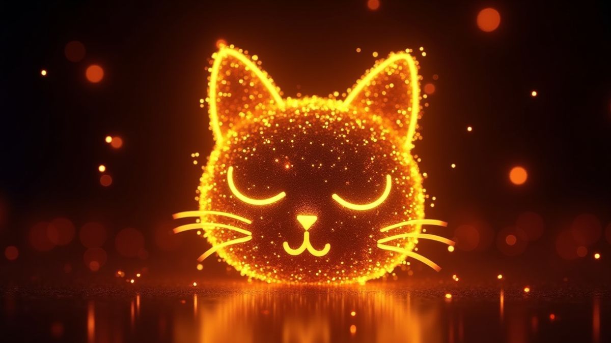 Símbolo de gato dourado brilhante rodeado de luzes de néon.