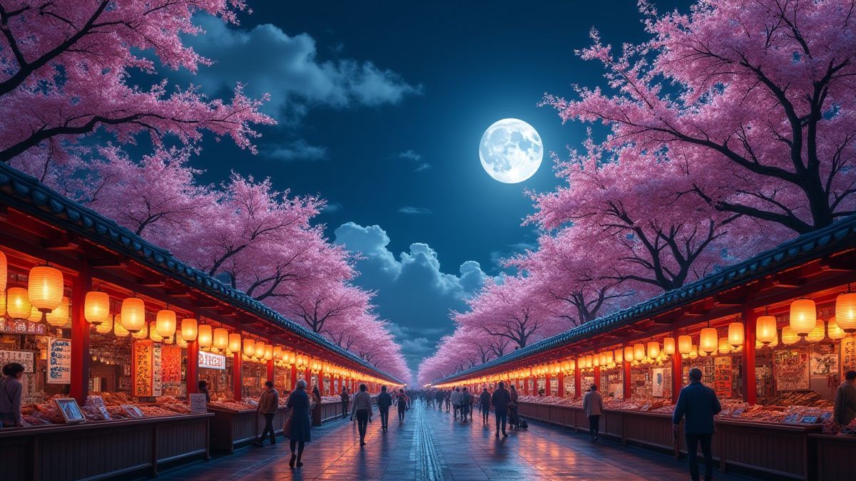 Um mercado noturno japonês cheio de lanternas e cerejeiras em flor sob a luz da lua.