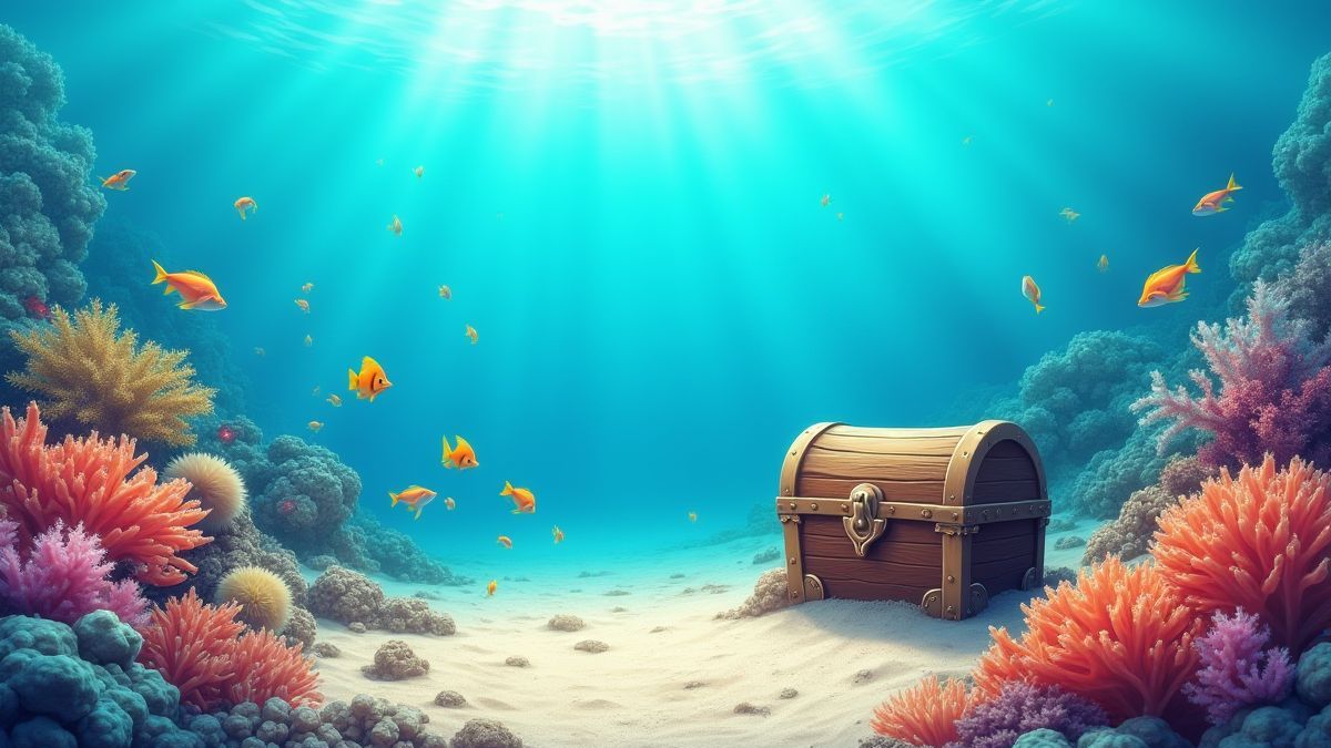 Un arrecife de coral lleno de peces coloridos y un cofre del tesoro enterrado en la arena.