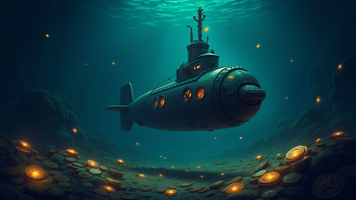 Un submarino rodeado de monedas de tesoro y gemas brillantes en el fondo del océano.