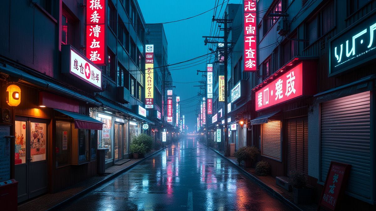 Calle futurista de Tokio con carteles de neón y lluvia.