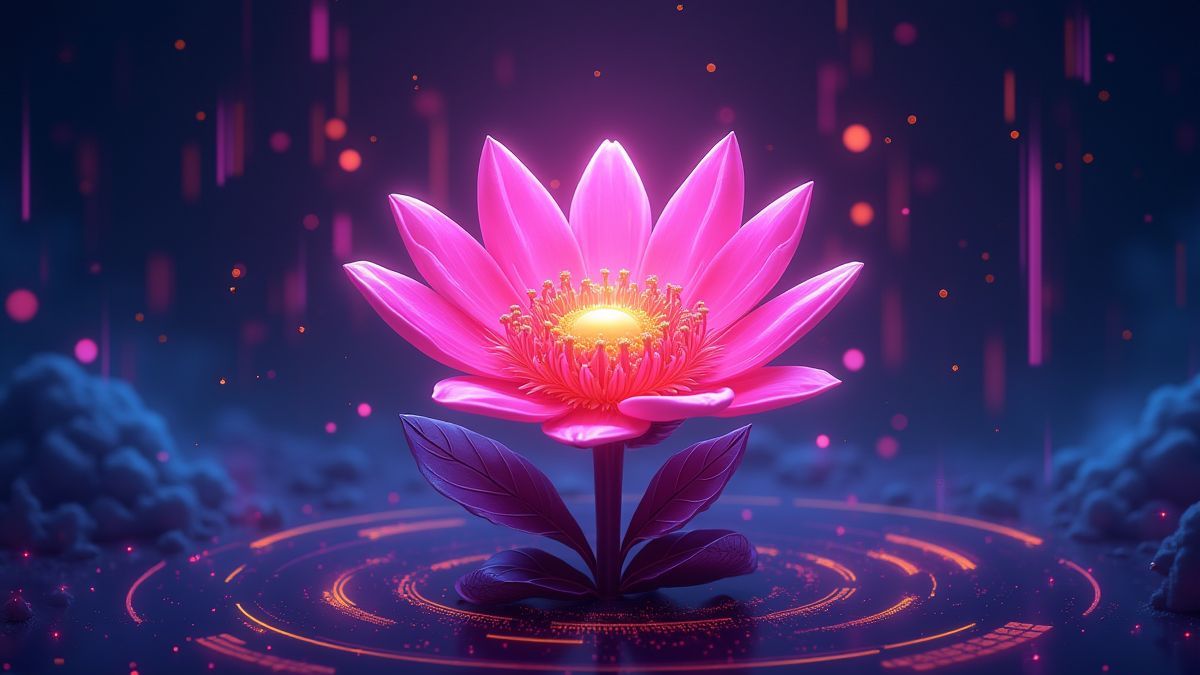 Flor futurista rodeada de luces de neón y símbolos digitales.