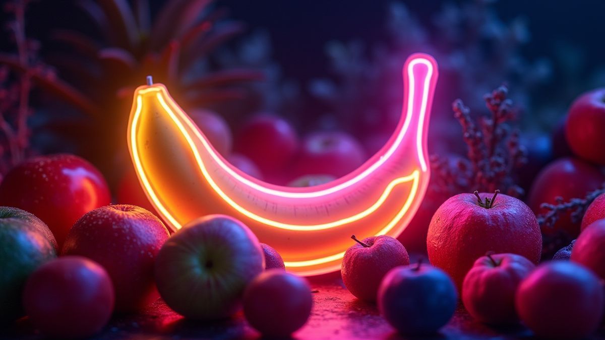 Neon-Banane umgeben von leuchtenden Früchten.