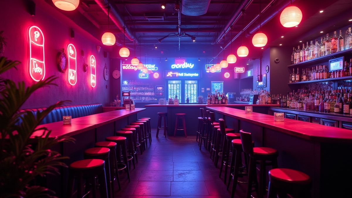 Nachtclub mit Neonlichtern und leuchtenden Fruchtsymbolen.