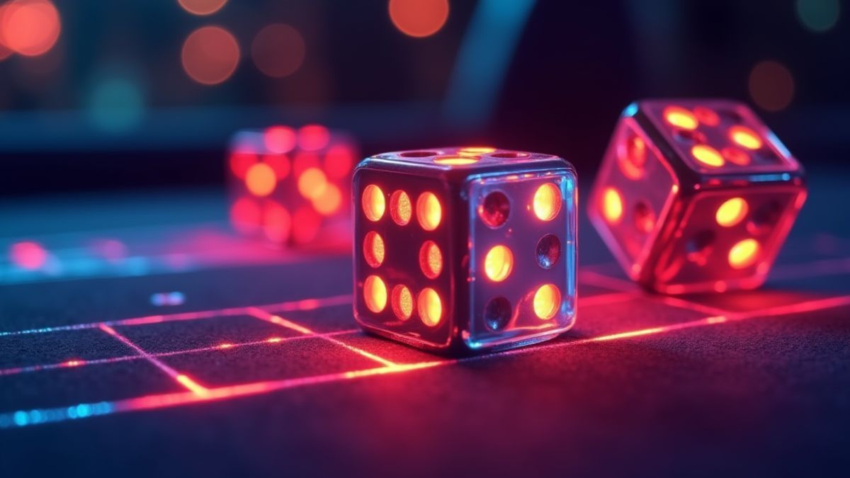 Neon dice glowing on a futuristic casino table.