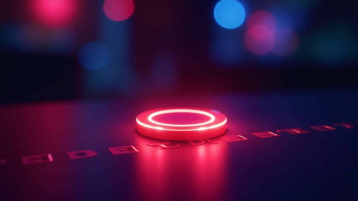 Neon casino chips shining as they roll on a lit table.