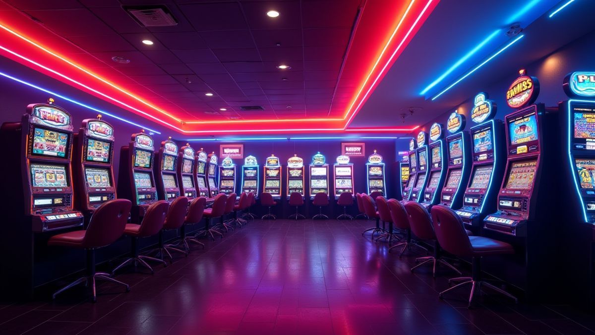 Environnement de casino illuminé avec des lumières néon et des machines à sous brillantes.