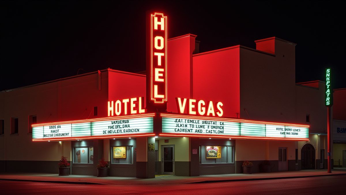 Außenansicht eines Retro-Hotels in Las Vegas mit Neonlichtern.