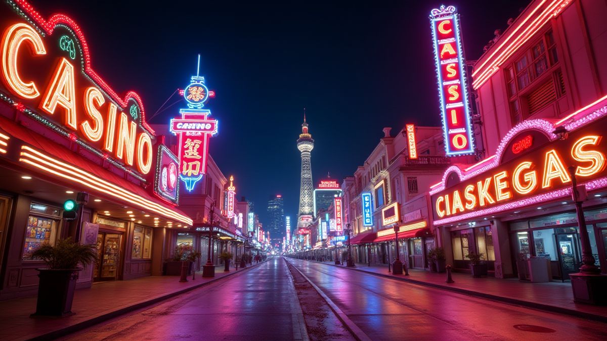 Una calle de casino estilo Las Vegas iluminada con luces de neón.