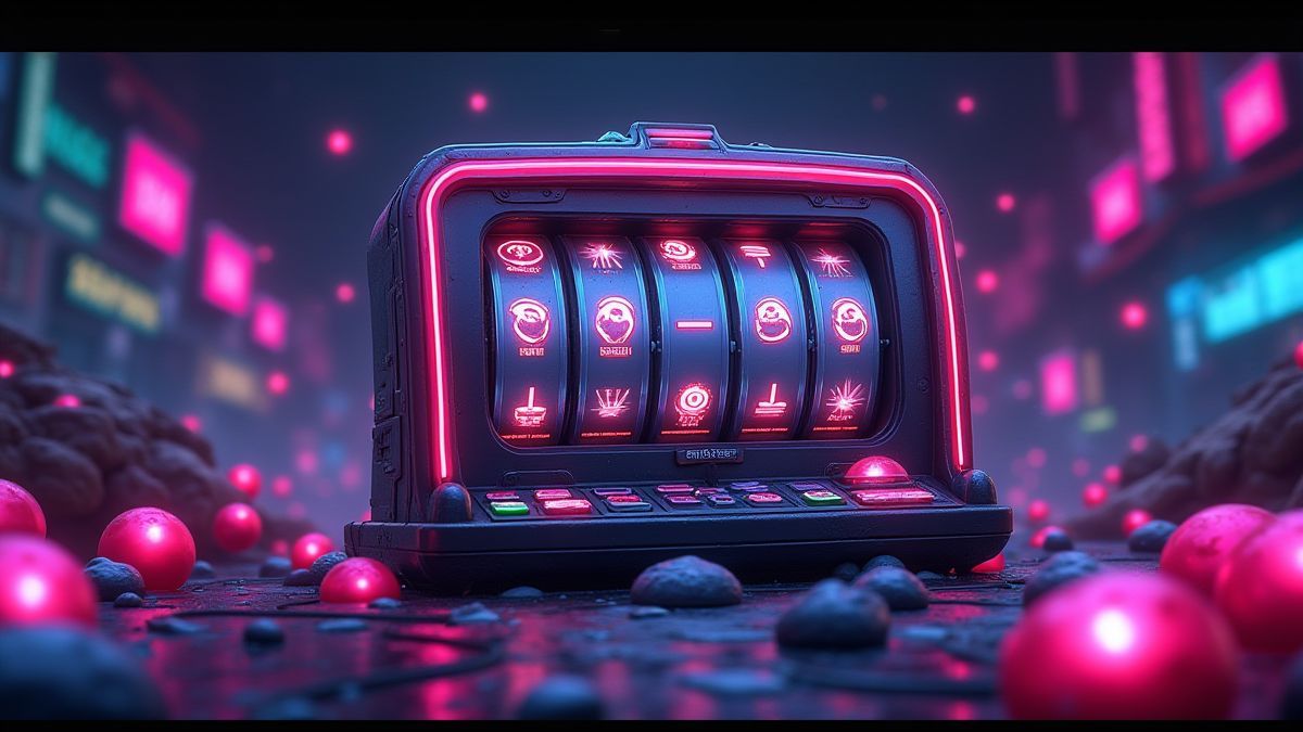 Máquina de slot futurista rodeada de luces de neón y símbolos brillantes.