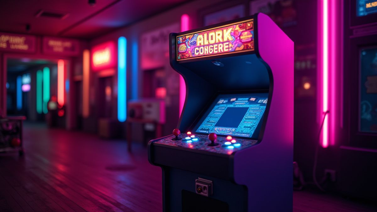 Retro-Arcade-Maschine umgeben von Neonlichtern.