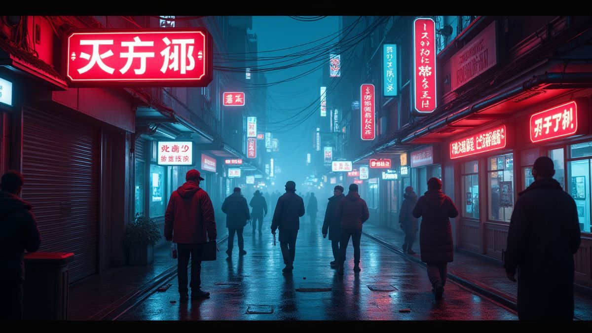 Eine futuristische Straße, die von Neonlichtern erhellt wird, mit geheimnisvollen Charakteren.