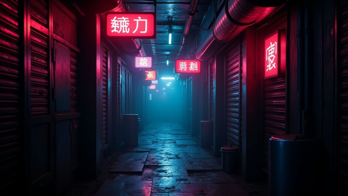 Eine futuristische Gasse, die von Neon erhellt wird, mit einer geheimnisvollen Atmosphäre.