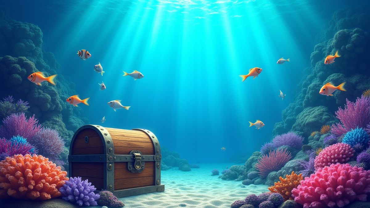 Vibrant underwater scene with coral reefs and colorful fish.