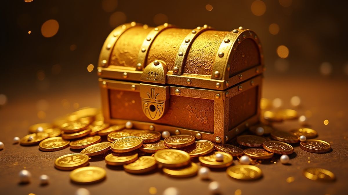 Golden treasure chest surrounded by shiny coins and pearls.