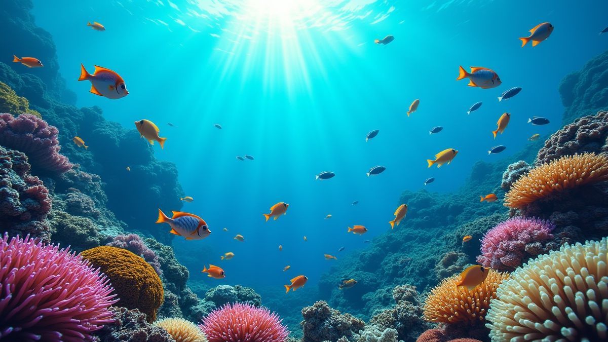 Onderwater scène met levendige koraalriffen en exotische vissen die rondzwemmen.