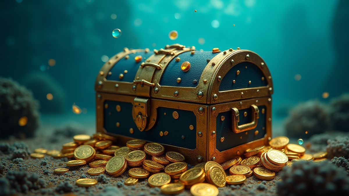 Schatkist omringd door gouden munten en juwelen in een onderwaterscène.