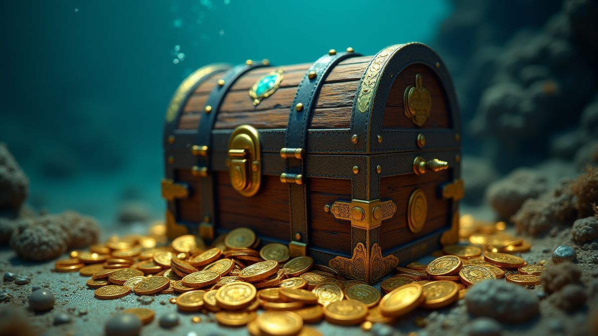 Cofre del tesoro rodeado de monedas de oro y joyas bajo el agua.