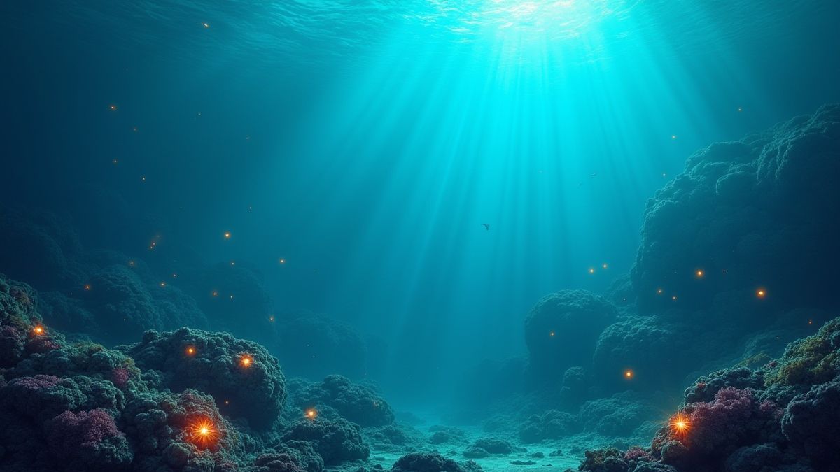 Símbolos de dispersión brillando entre arrecifes de coral.
