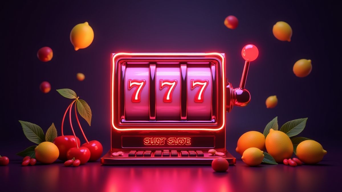 Neon slot machine with classic fruits.