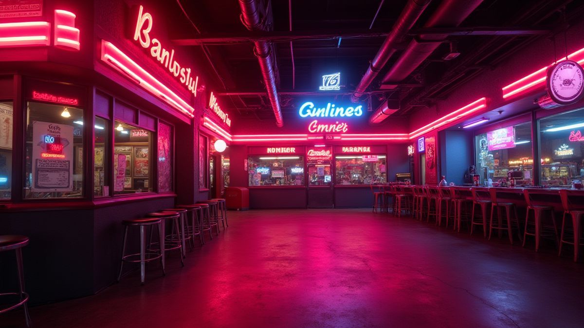 Bright neon lights in a retro Las Vegas atmosphere.