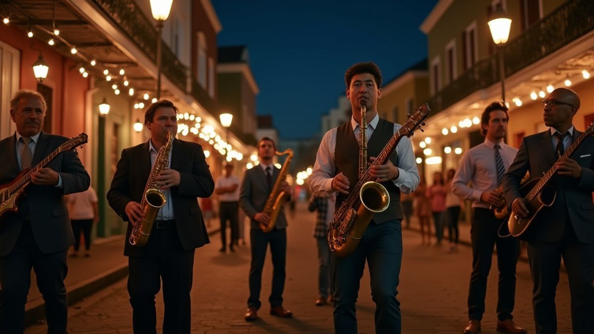 Une bande de jazz jouant dans une rue animée de La Nouvelle-Orléans.