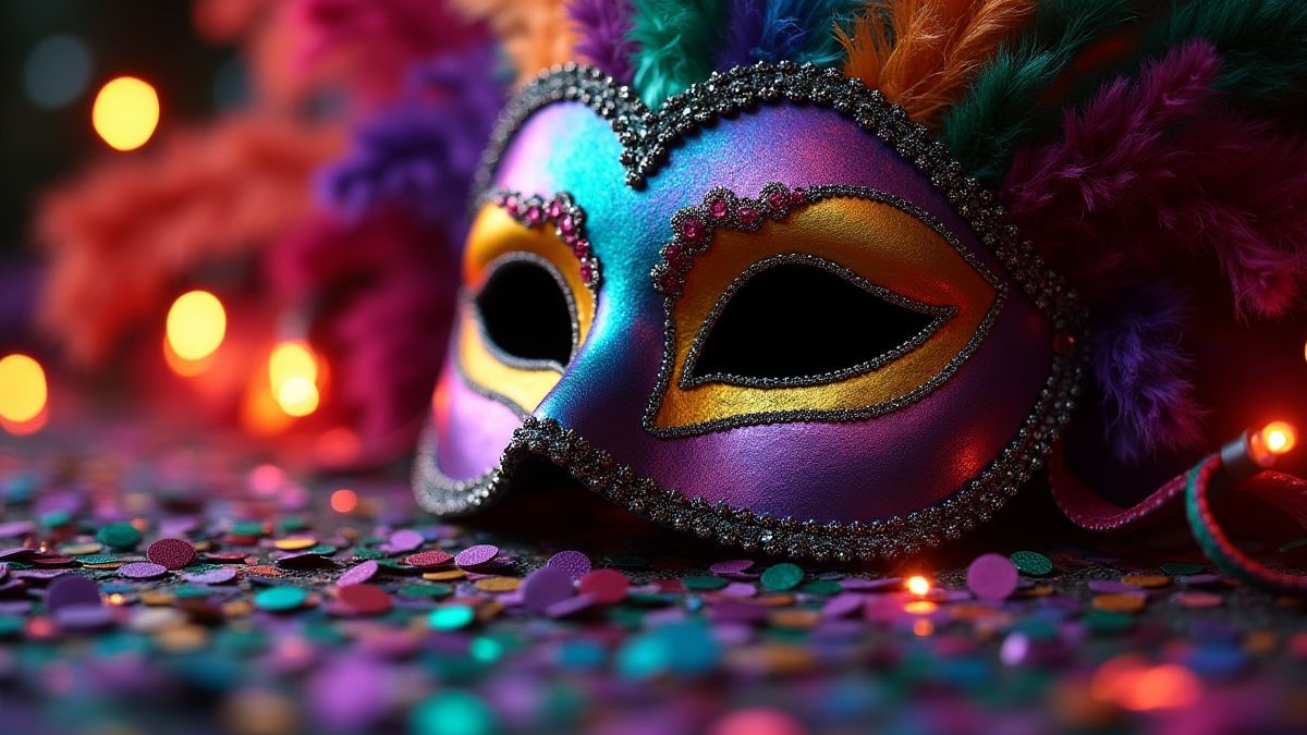 Une masque de Mardi Gras entourée de lumières et de confetti vibrants.