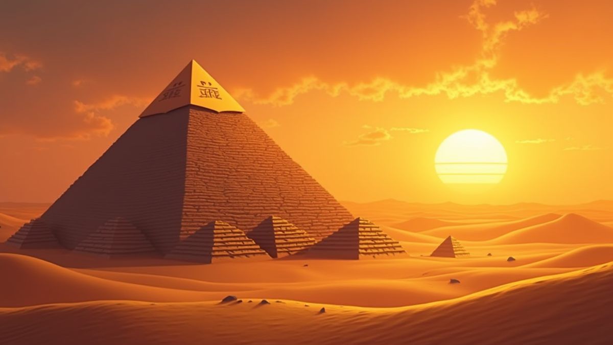 Pirámide egipcia rodeada de dunas y una puesta de sol brillante.