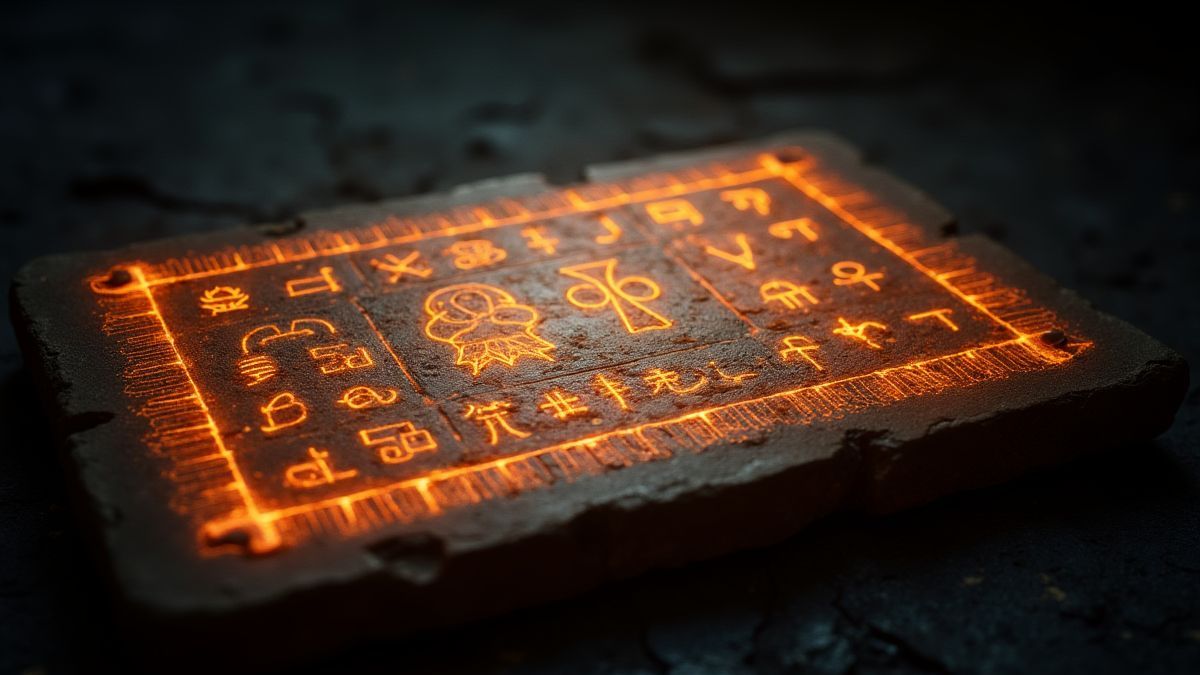 Tabla de jeroglíficos iluminada por una luz mágica.
