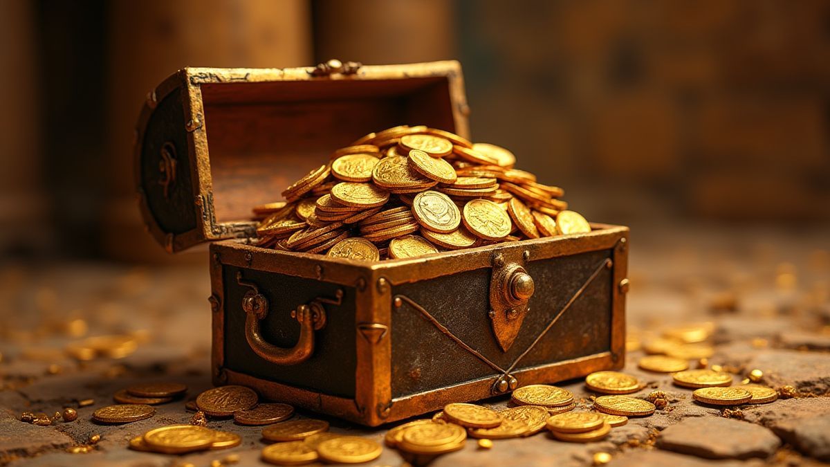 Cofre del tesoro lleno de monedas de oro y joyas en un escenario egipcio.