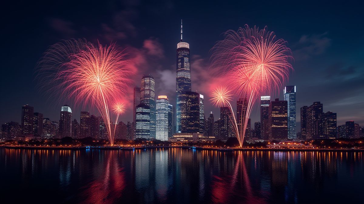 Paisagem urbana festiva com fogos de artifício iluminando a noite
