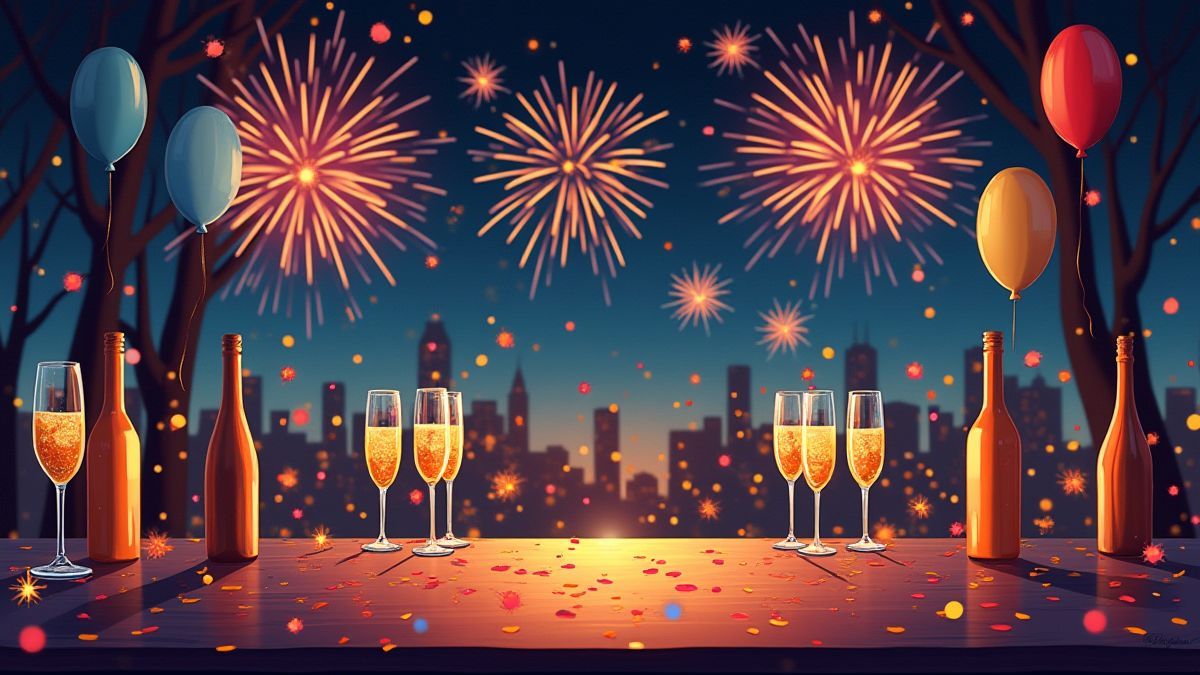 Festa de Réveillon com fogos de artifício e decoração festiva.