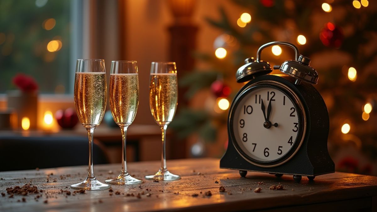 Decoração de Réveillon com champanhe e um relógio marcando meia-noite.