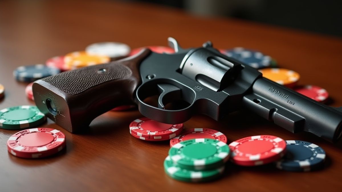 Un revólver sobre una mesa de madera con fichas de casino alrededor.