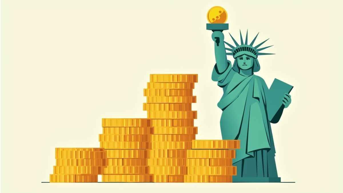 Gold coins next to the Statue of Liberty