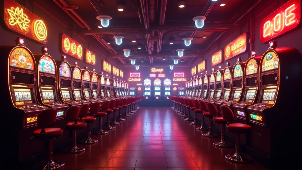 Afbeelding van een retro casino met sprankelende lichten en klassieke gokkasten.