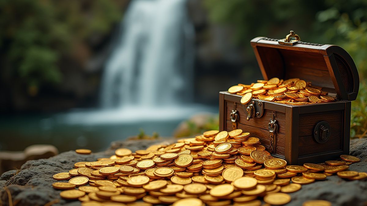 Waterval met gouden munten die in een schatkist vallen naast een waterval.