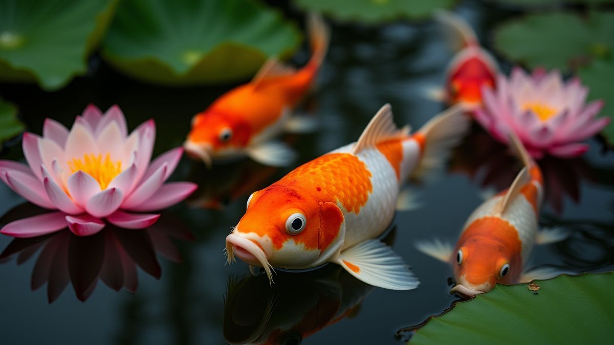 Peces koi nadando entre flores de loto.