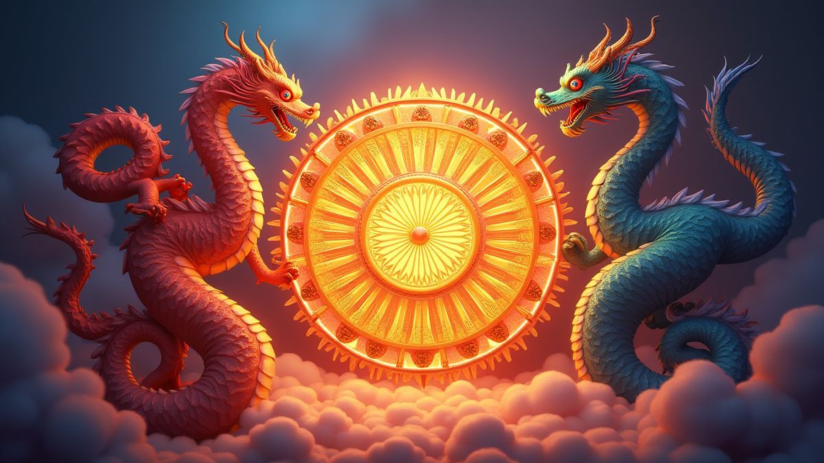 Rueda de la fortuna con dragones brillantes.