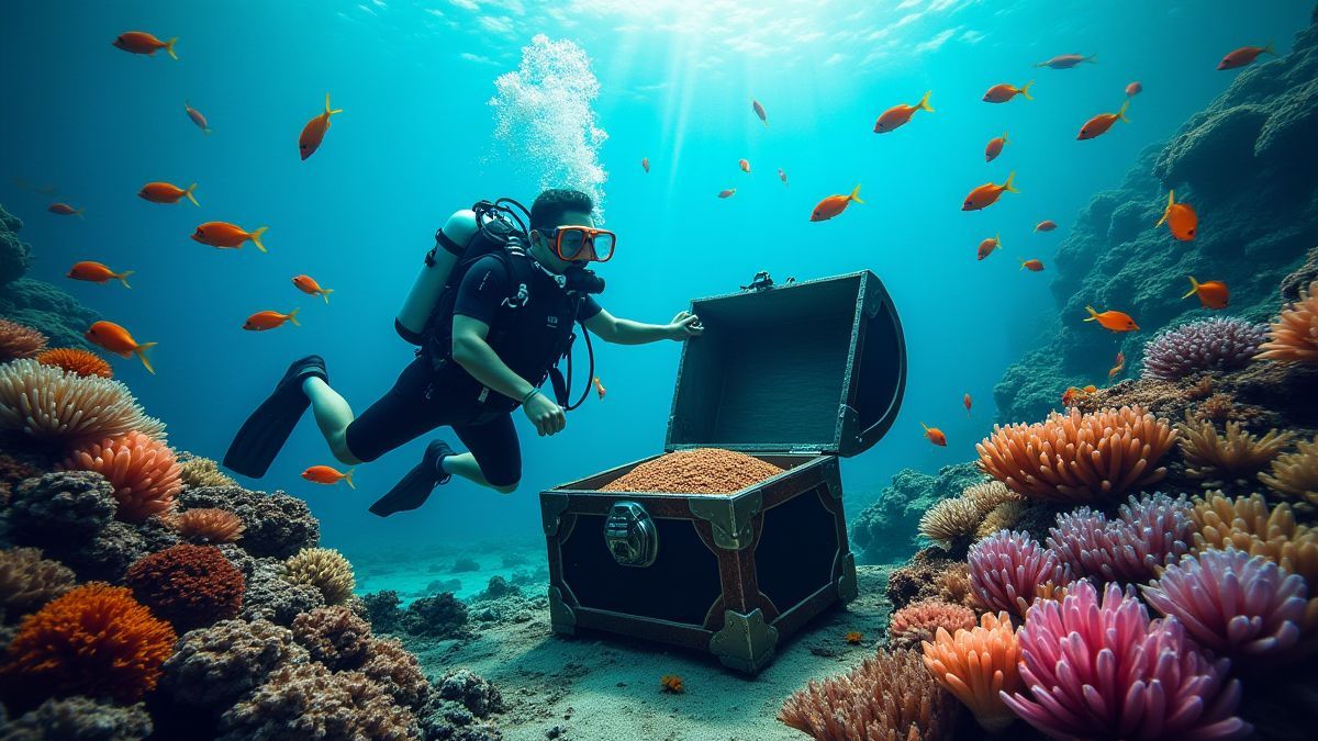Een duiker die een schatkist verkent, omringd door tropische vissen en koralen.