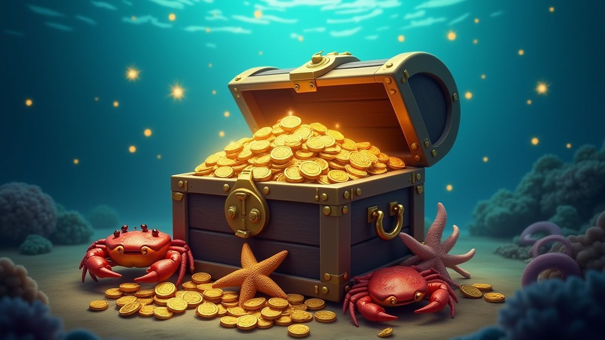 Een schatkist omringd door fonkelende munten en zeewezens zoals krabben en sterren. 