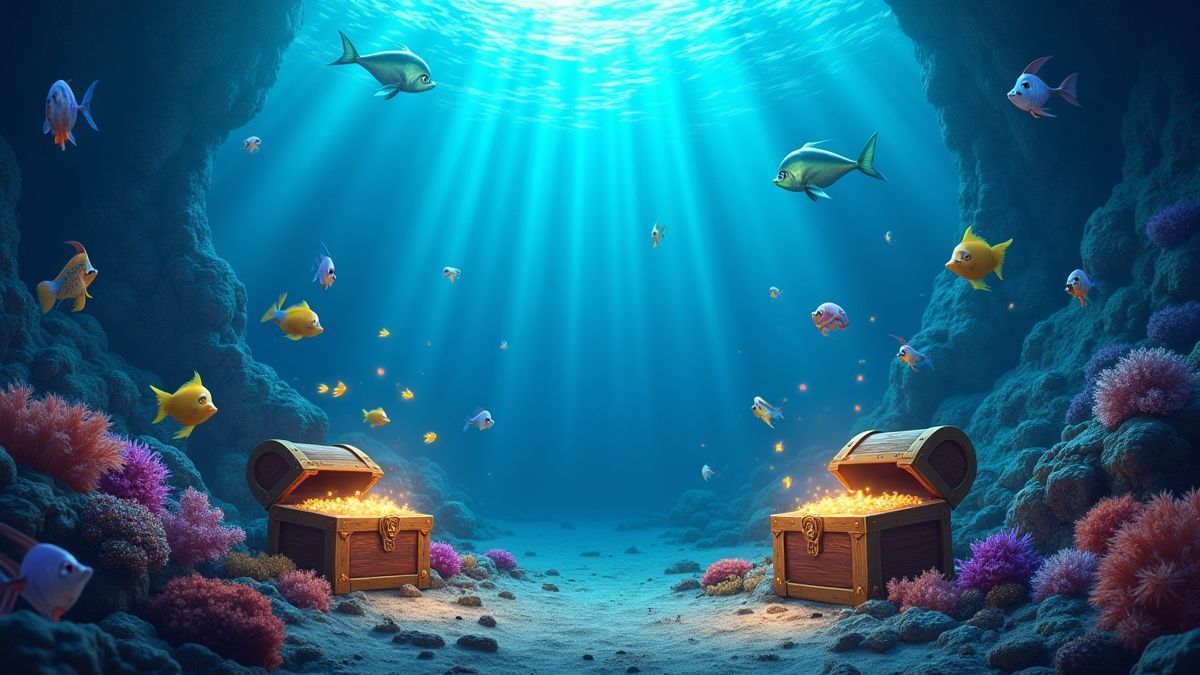 An underwater landscape filled with fish and treasure chests.