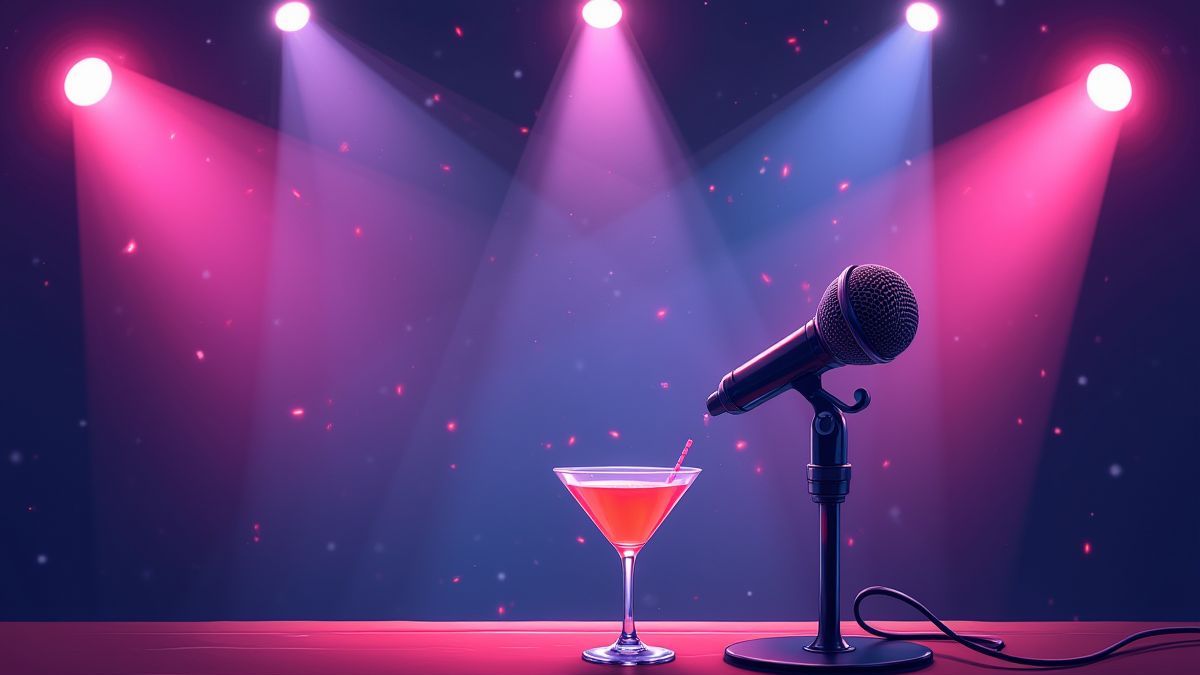 Escenario de karaoke con luces de neón y un cóctel.
