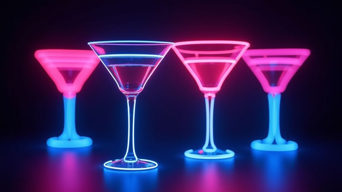 Neon cocktailglazen die oplichten tegen een donkere achtergrond.
