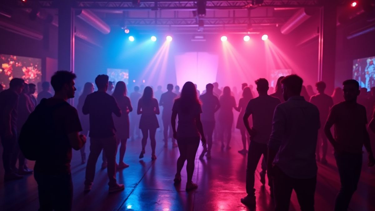 Dansvloer in een nachtclub met kleurrijke lichten en dansende mensen.