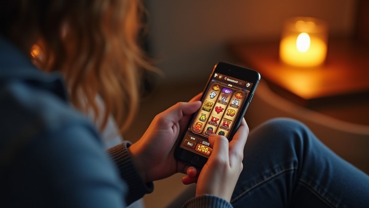 Spieler genießt einen Slot auf seinem Handy in einer gemütlichen Umgebung.